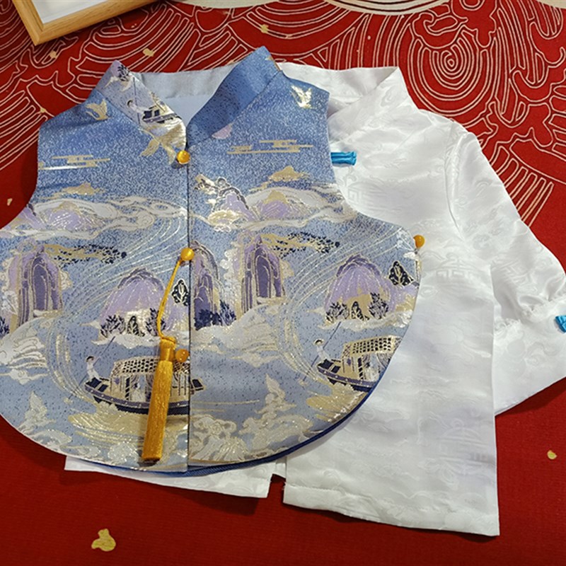 宝宝周岁礼服男童夏季婴儿抓周唐装真丝套装中式国潮一周岁宴冠衣