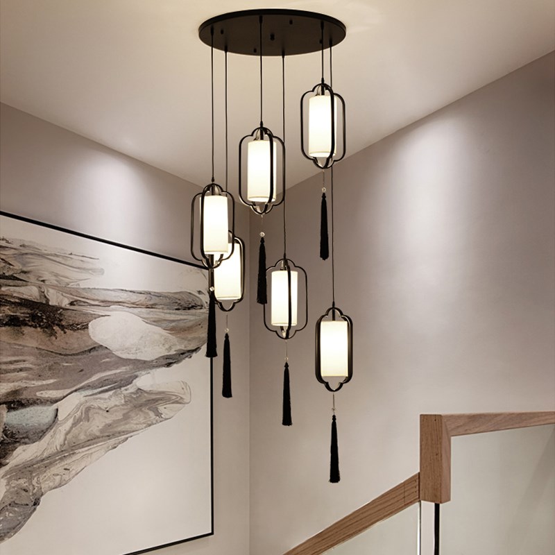 新中式楼梯长吊灯旋转复式楼茶室中餐厅餐饮店铺火锅店长线吊灯