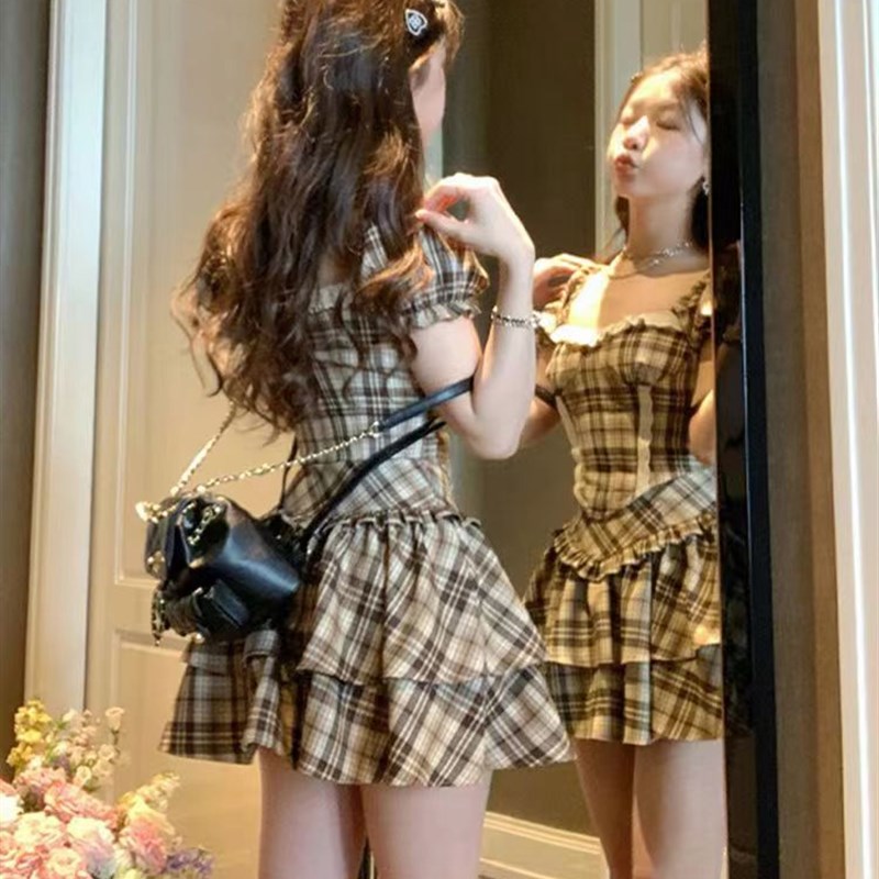 学院风复古方领收腰上衣jk制服性感高腰显瘦格子套装半身裙女夏季