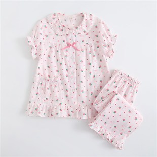 夏季全棉纱布儿童女童可爱女孩短袖七分裤纯棉家居服套装小孩睡衣