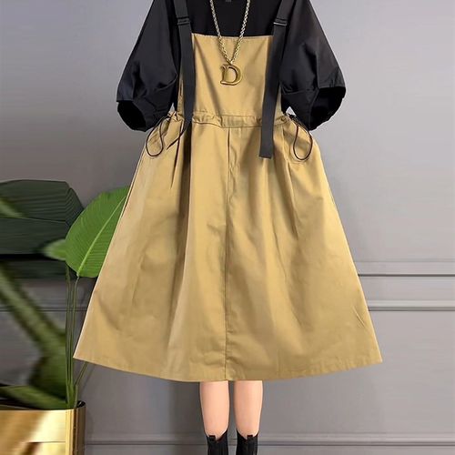 胖mm灯笼七分袖打底衬衫抽腰显瘦背带连衣裙套装夏季新款大码女装