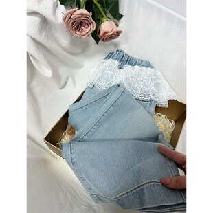 女童直筒蕾丝腰牛仔春夏薄2025阔腿裤中大童装亲子浅色宽松屁帘