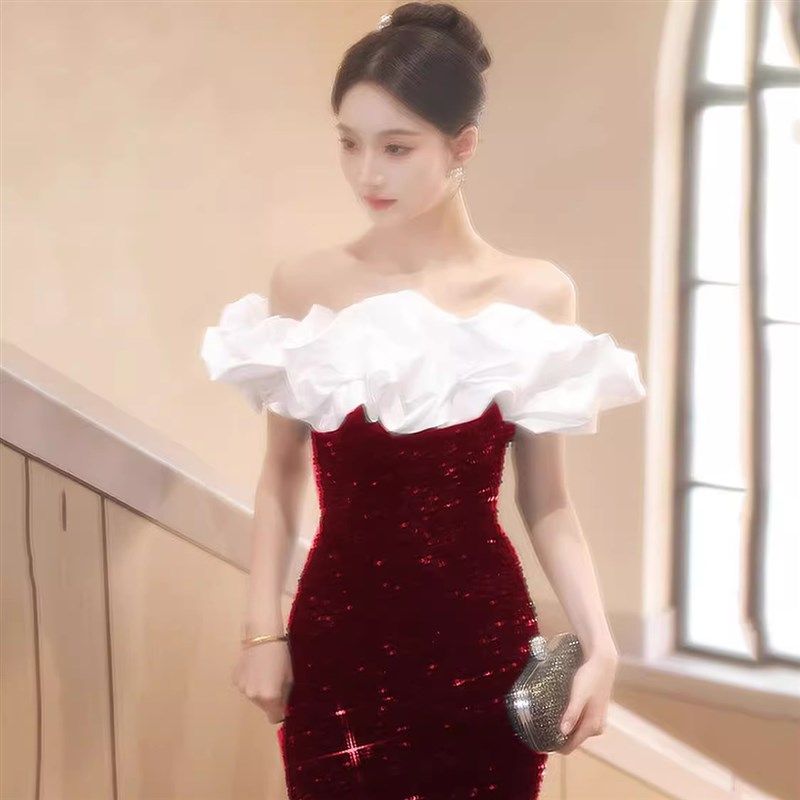 酒红色礼服细闪法式亮片高级感长款小众一字肩气质鱼尾宴会连衣裙