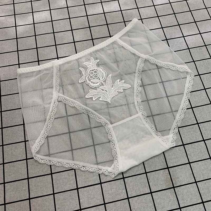 2条中高腰内裤女大码蕾丝性感胖M绣花超薄款夏季天网纱透明三角裤