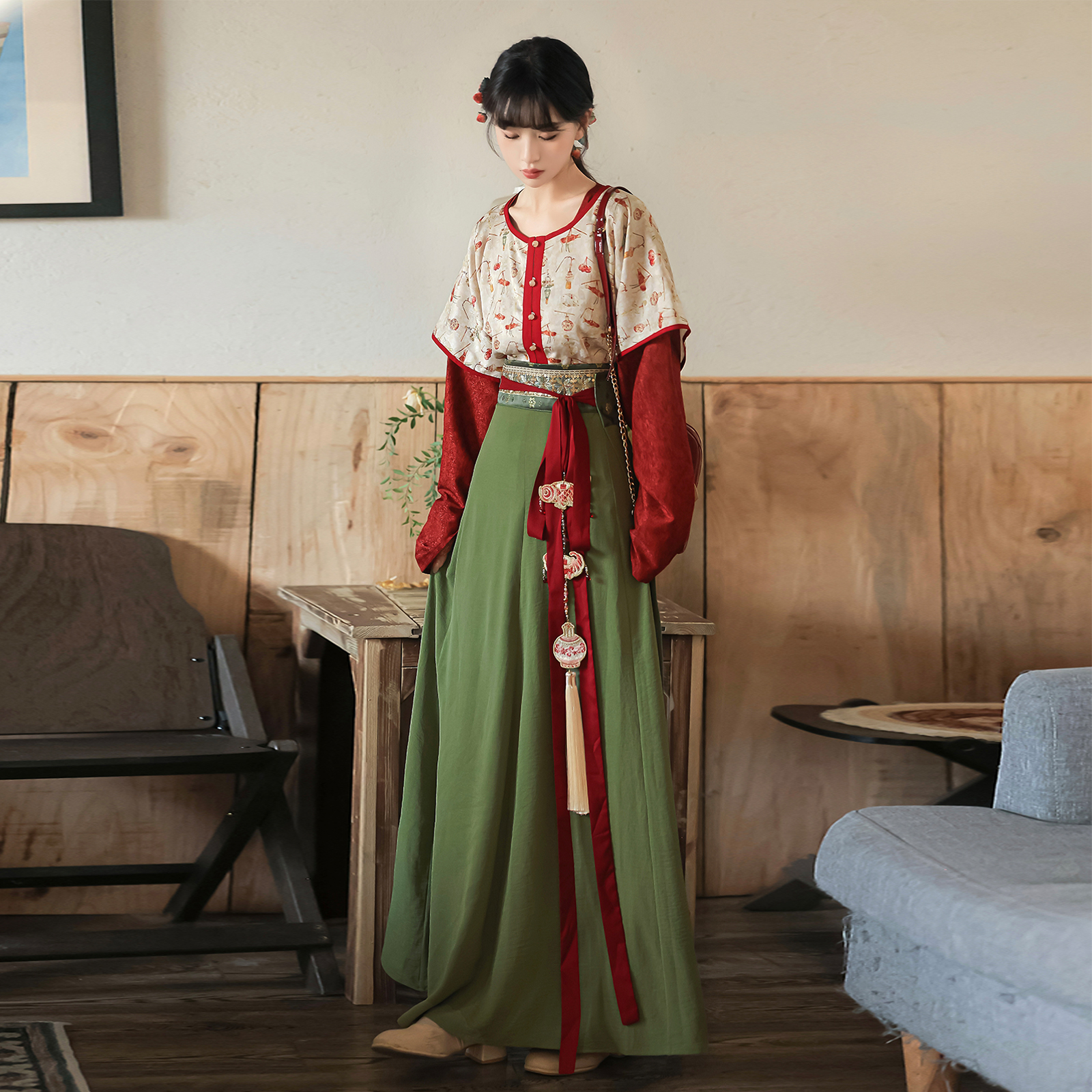 华服未来原创汉服女唐褙子齐腰汉服女日常国风破群可爱风—绘灯影