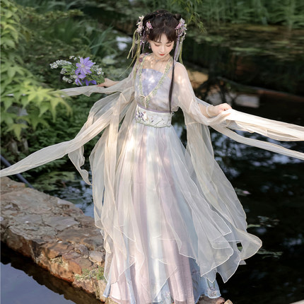 华服未来原创汉服破烂袖齐腰襦裙夏季仙气汉元素日常汉服风过鸢尾