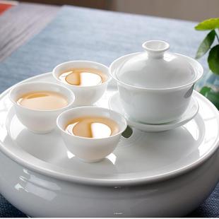 中小号宾馆 KI9S高白瓷功夫茶具8寸圆形茶盘陶瓷纯白盖碗茶杯套装