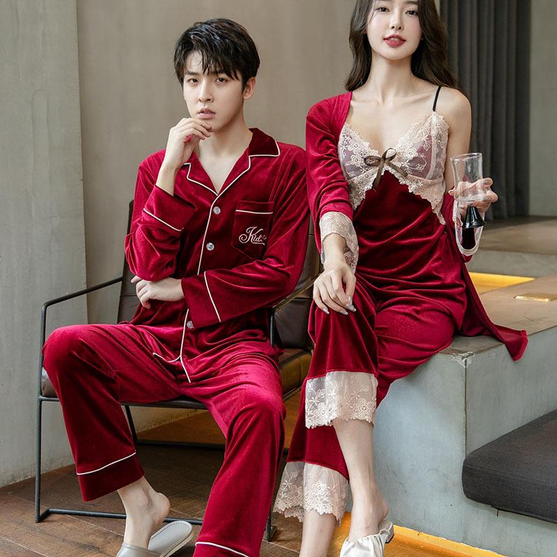正品性感睡衣女三件套春秋新款金丝绒蕾丝吊带睡裙长袖睡袍秋冬
