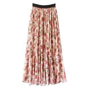 雪纺碎花半身裙长款女早秋夏季垂坠感高级感气质套装百褶a字长裙