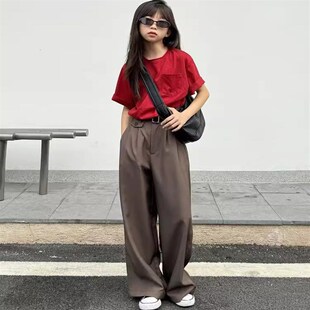 豆丁奇遇儿童春夏口袋设计感棕色西装裤子直筒阔腿长裤大童男女童