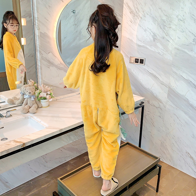 儿童连体睡衣秋冬季珊瑚绒女童法兰绒保暖防踢小孩恐龙绣花家居服