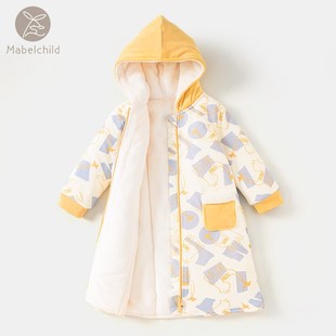 宝宝睡袍秋冬纯棉男女童连帽睡袋防踢家居服保暖拉链睡裙婴儿睡衣