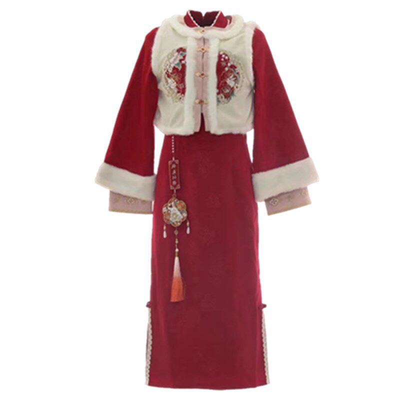 大码胖mm新中式国风毛绒马甲红色旗袍连衣裙女秋冬过年拜年套装裙