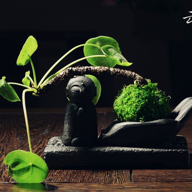 中国风日式禅意沙弥装饰摆件桌面镜面草苔玉苔藓球无孔水培花盆