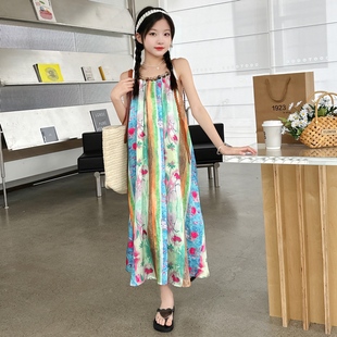 女童连衣裙夏季2024新款洋气女大童海边度假裙儿童三亚吊带长裙子