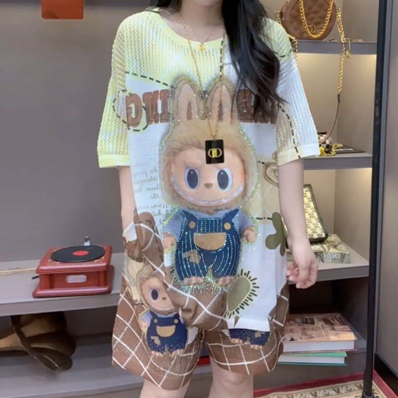 2025夏季套装重工烫钻针织衫女宽松显瘦百搭休闲慵懒风上衣二件套