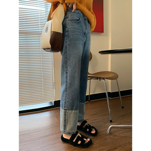 孕妇阔腿裤子春秋季外穿休闲九分拼接牛仔裤托腹显瘦直筒拖地裤秋