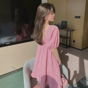 粉色孕妇装 短裙 小个子方领连衣裙夏2021遮肚不显怀洋气甜美泡泡袖