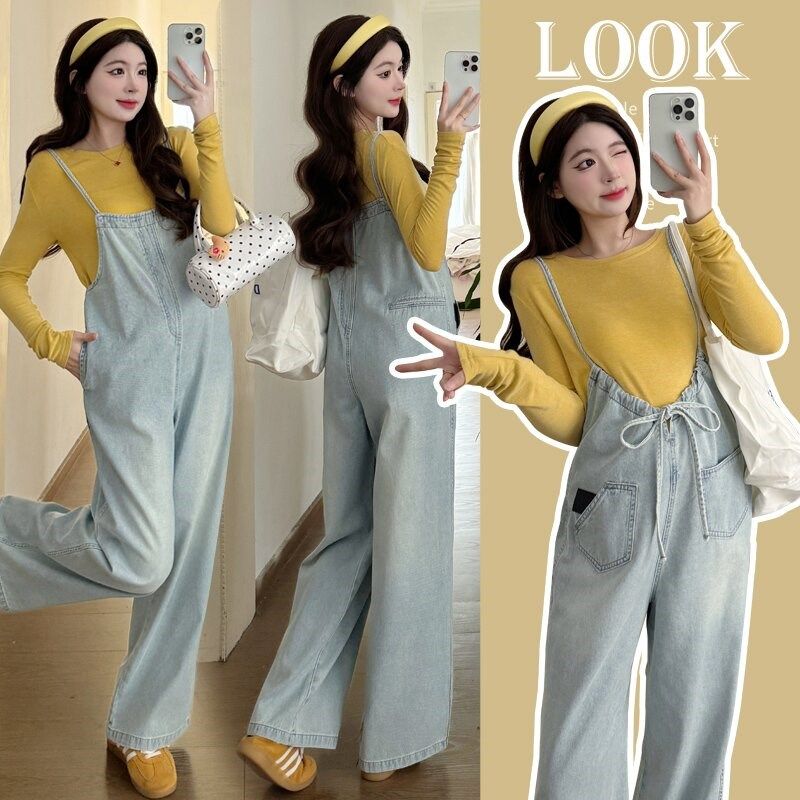 孕妇装春装2025新款孕妈妈高级感穿搭套装上衣+牛仔背带裤两件套