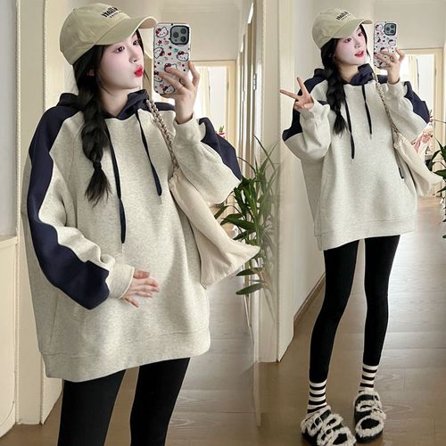 春秋装新款韩版孕妇装宽松大码加厚加绒抽绳连帽卫衣套头上衣套装