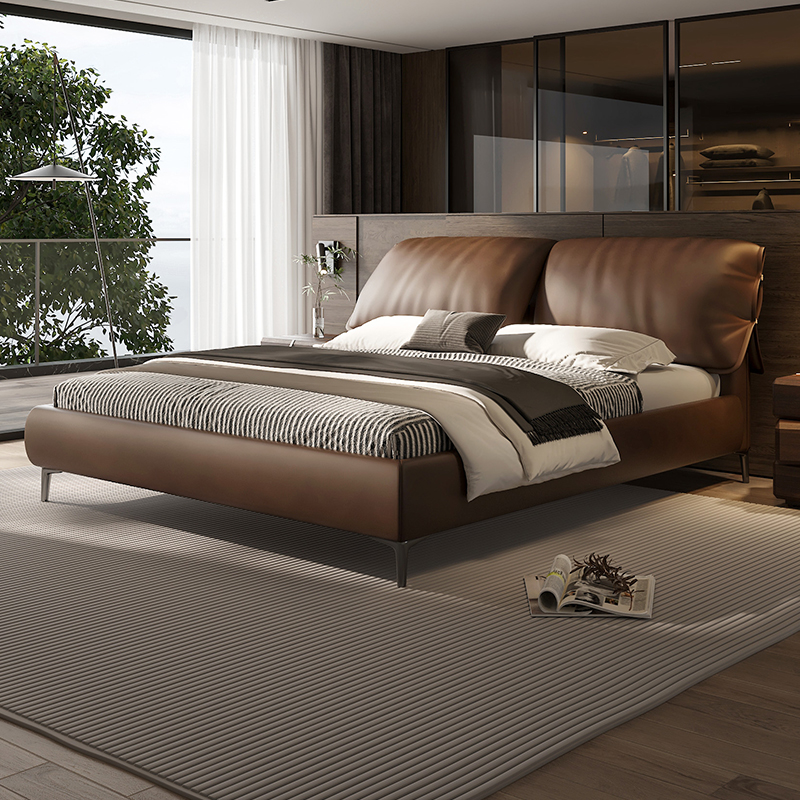 意式极简真皮床大象耳朵头层牛皮软包大床主卧室高端现代双人皮床