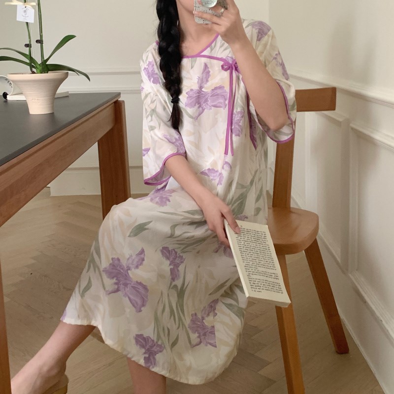 新中式棉绸睡裙改良中袖女士连衣裙夏季中长款人造棉可外穿家居服