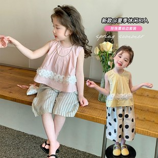 女童套装夏季2025新款儿童夏装洋气时髦女宝宝可爱甜美花边两件套