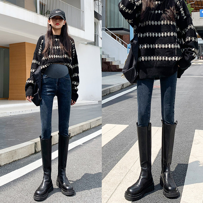 孕妇裤子秋冬款加绒加厚春秋款时尚外穿冬季黑色牛仔裤小脚打底裤