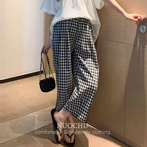 薄款格子孕妇裤子夏季外穿小个子阔腿裤不勒肚子无托腹休闲裤夏装