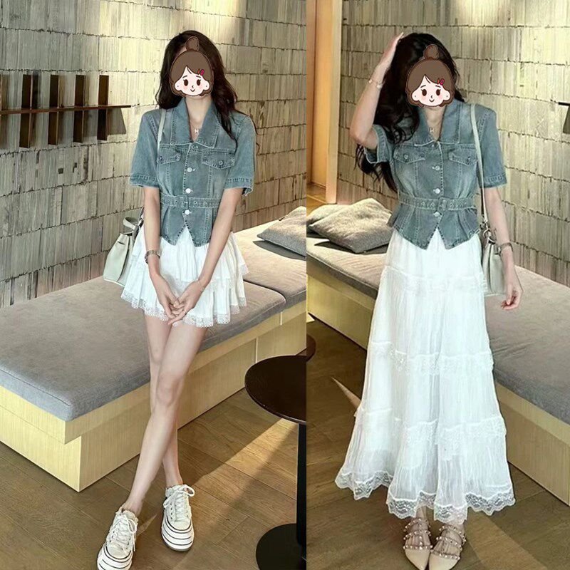 小个子夏季韩版时尚套装女复古牛仔短袖上衣显瘦蛋糕半身裙两件套