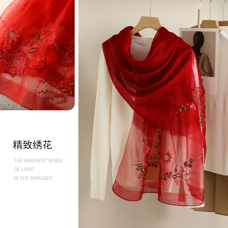 喜庆红色绣花丝巾女配旗袍披肩女婚礼妈妈围巾喜婆婆婚宴礼服外搭