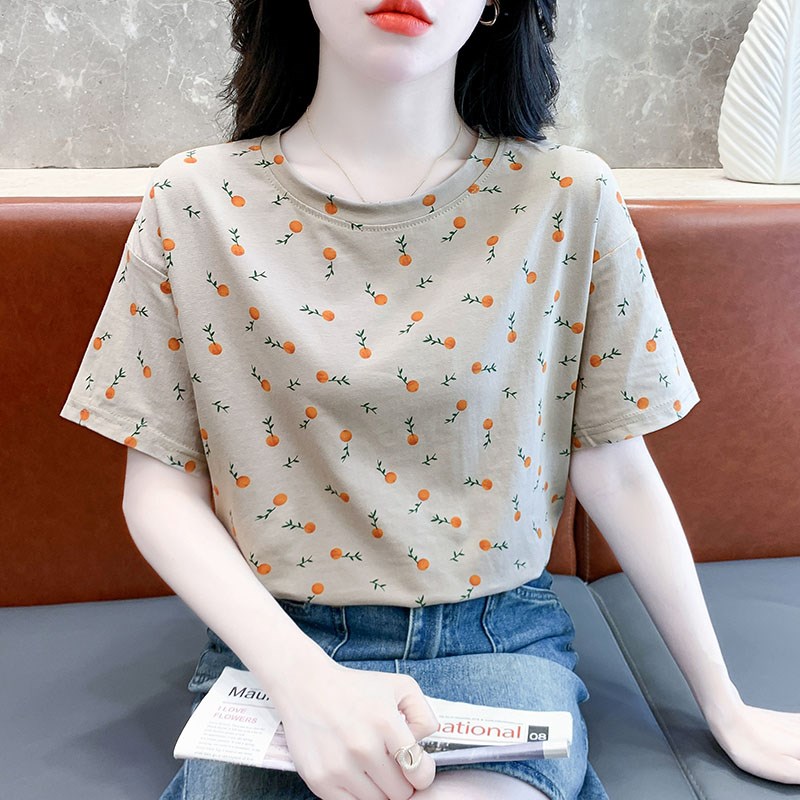 纯棉t恤衫女装夏季圆领韩版短袖体恤2025新款宽松印花小众上衣女