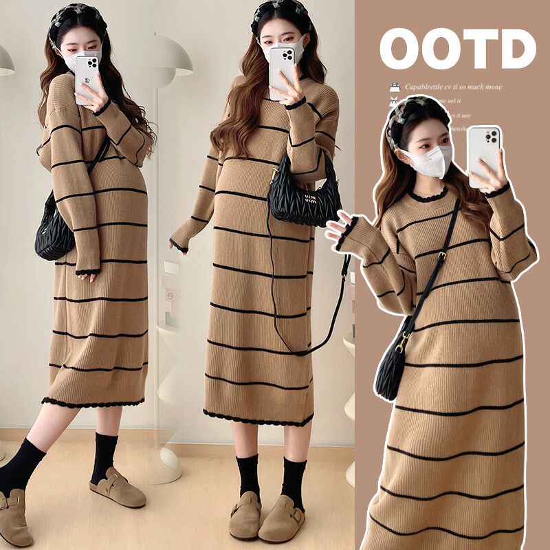 孕妇装秋冬装长袖条纹针织连衣裙2024新款孕妇裙秋装韩版怀孕裙子