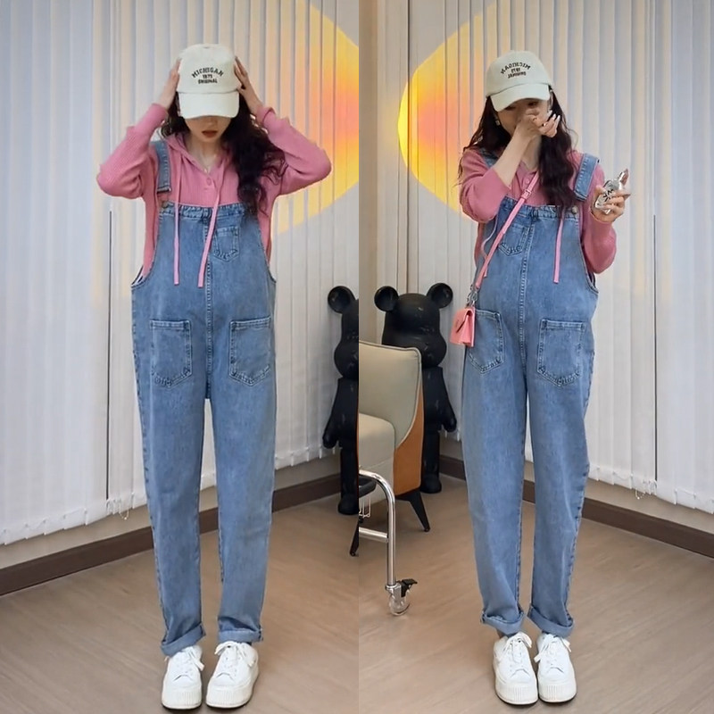 孕妇背带裤套装春秋长裤春天大码休闲裤春装孕妇装小个子牛仔裤