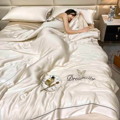 冰丝双拼夏被四件套夏天裸睡双人空调被子套件蝶梦-元气白桃+奶茶