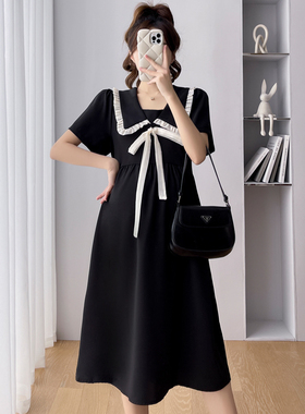 夏季高级感黑色孕妇裙宽松减龄中长款连衣裙女时尚辣妈孕晚期裙子