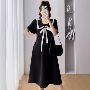 夏季高级感黑色孕妇裙宽松减龄中长款连衣裙女时尚辣妈孕晚期裙子