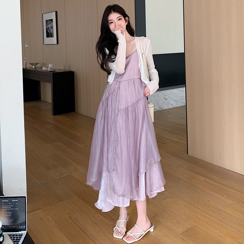 孕妇夏天不规则网纱拼接吊带裙2025新款高腰遮肚抹胸雪纺裙搭开衫