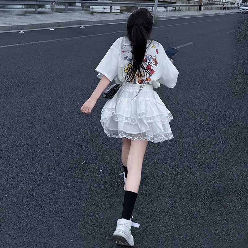 女童炸街套装2025夏季新款韩版女孩休闲短袖百褶裙子儿童两件套潮