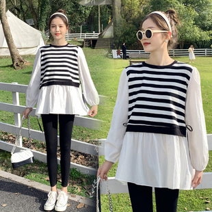 春装 T恤春款 假两件拼接条纹长袖 韩版 怀孕衣服 上衣2023新款 孕妇装