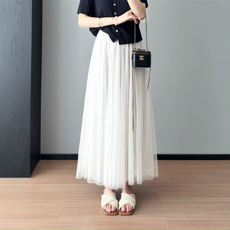 白月光小调~遮胯显瘦松紧高腰小个子白色a字网纱裙子半身裙女2025
