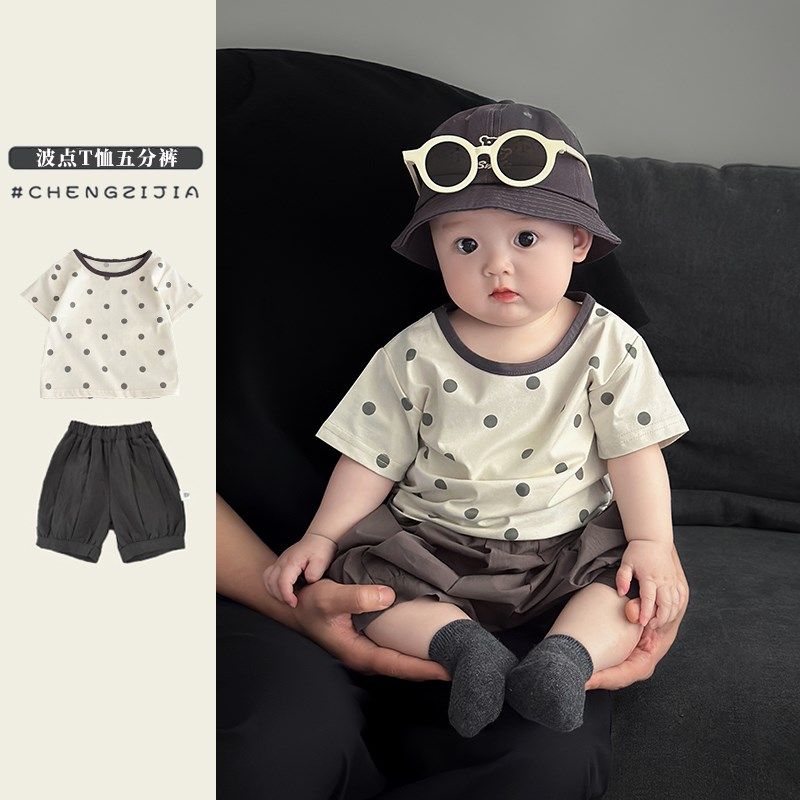 韩版男童夏季薄款短袖短裤套装男宝宝洋气波点T恤婴儿宽松五分裤