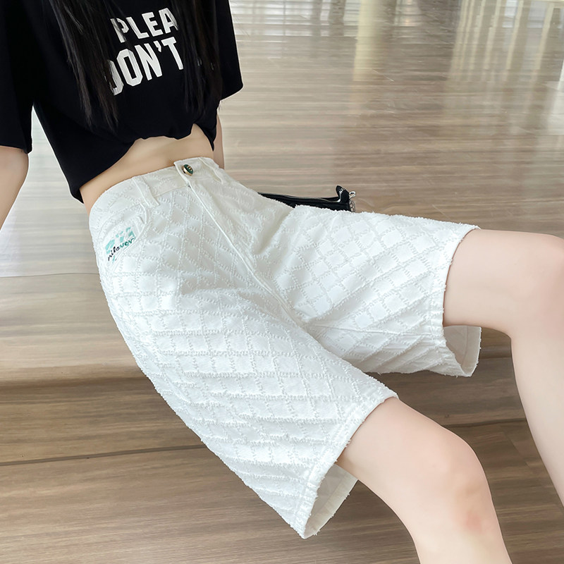 白色五分牛仔短裤女小个子夏季薄款高腰宽松显瘦提花a字5分中裤子