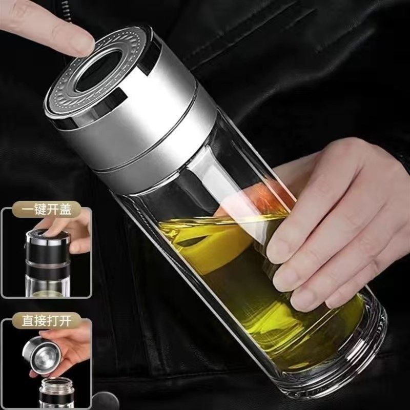 一键开盖车载玻璃杯速开启双层水杯防摔不烂的茶水分离茶杯男专用,餐饮具,啤酒杯,淘宝优惠券,粉丝福利购,淘宝优惠卷