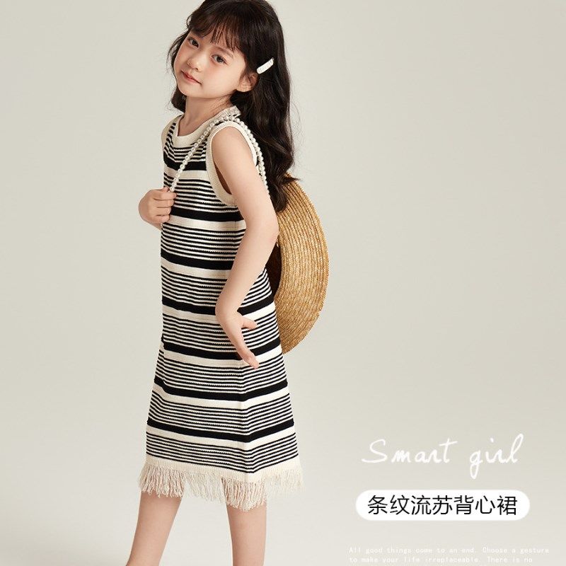 2025夏季新款儿童休闲风无袖连衣裙女童中长款针织条纹流苏背心裙