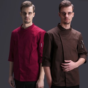 餐饮饭店厨师服装七分袖厨师工作服男秋冬暗扣款厨师长中袖不起球