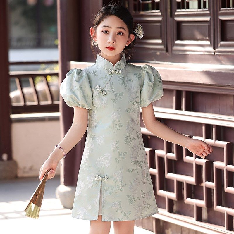 旗袍礼服女童夏季儿童中国风走秀国潮连衣裙小孩洋气公主裙子绿色