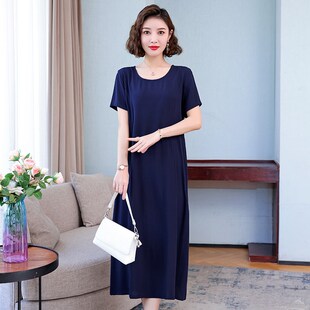 过膝棉绸连衣裙2024夏季 宽松气质减龄中年妈妈纯色长裙子 高端女装