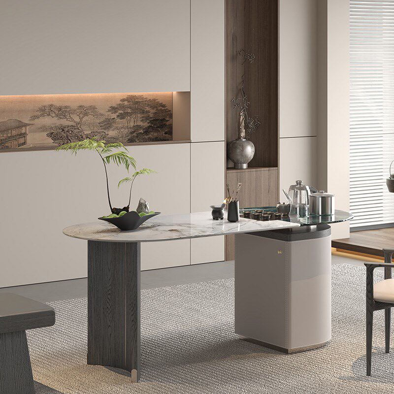 轻奢大理石拼色茶桌椅组合现代简约高级感阳台家用圆角茶台茶桌