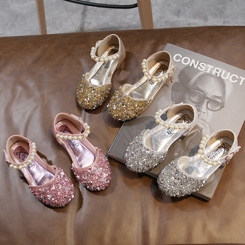 儿童公主鞋女童舞蹈皮鞋钢琴表演出鞋礼服鞋银色宝宝软底水晶鞋子